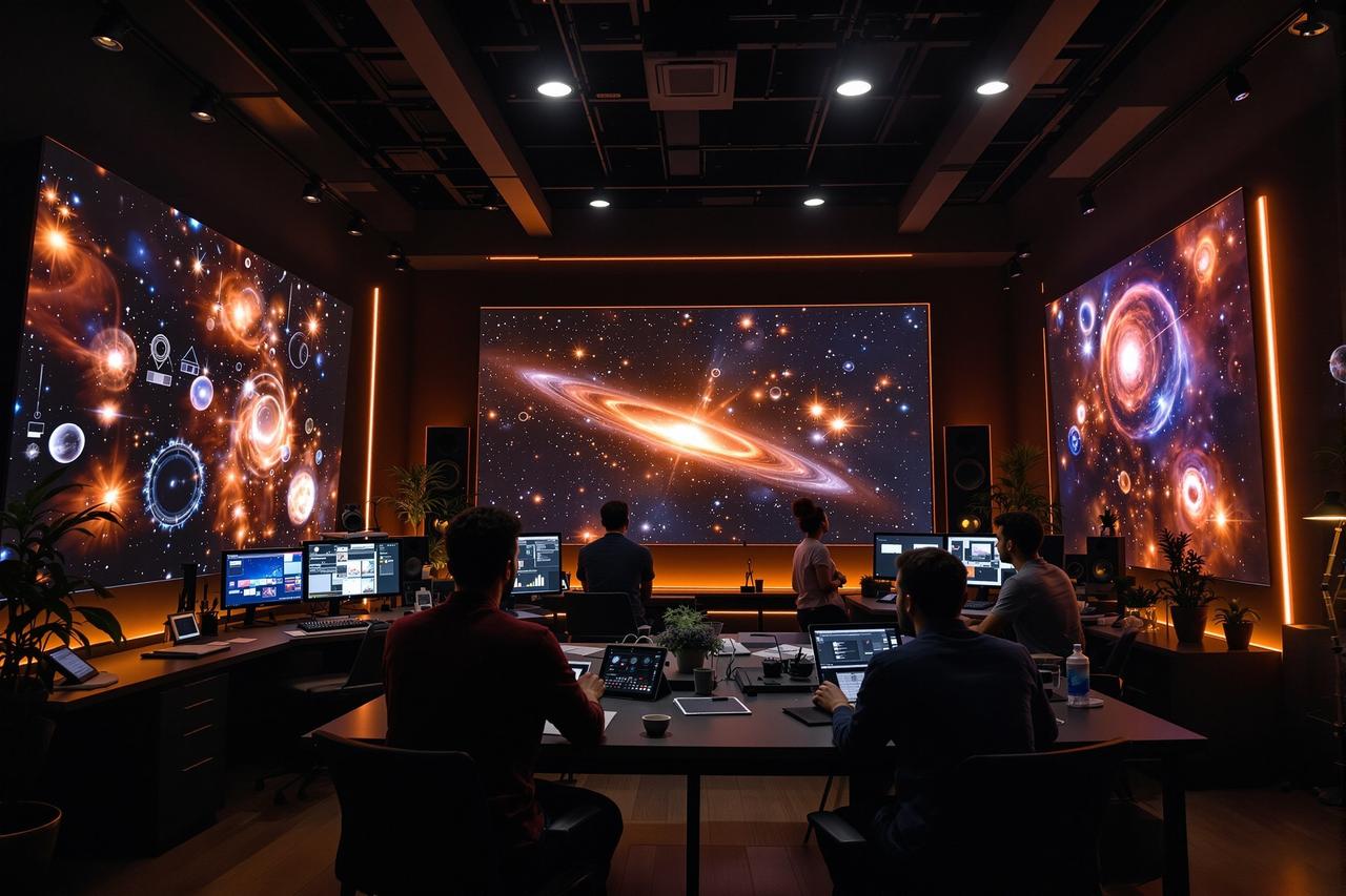 午马影视科研团队在现代化暗色调工作室协作,大屏幕显示宇宙可视化画面